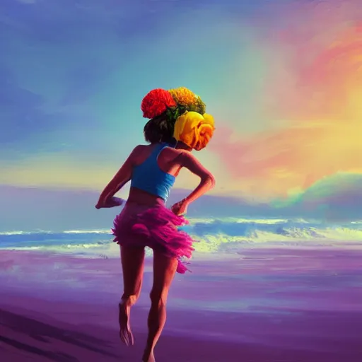 Image similar to portrait, giant rose flower head, woman running at the beach, surreal photography, sunrise, blue sky, dramatic light, impressionist painting, digital painting, artstation, simon stalenhag