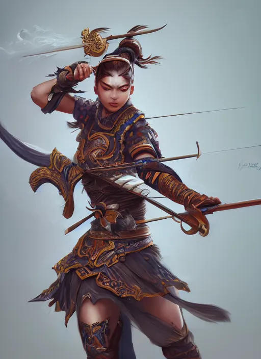 Image similar to a highly detailed illustration of fierce mongol warrior woman with bow, heroic shooting bow pose, intricate, elegant, highly detailed, centered, digital painting, artstation, concept art, smooth, sharp focus, league of legends concept art, wlop.