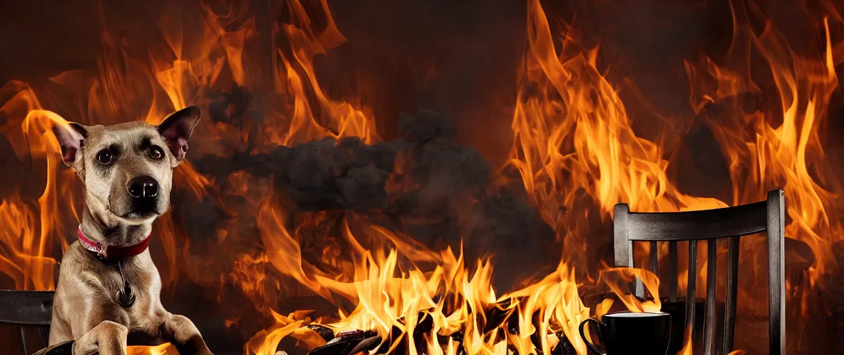 Image similar to a photograph (flash on) of a single anthropomorphic dog sitting on a chair at a dinner table (no fire at all there), very relaxed, surrounded by flames, cup of coffee on the table, huge fire on this dining room in the background, a lot of flames behind the dog, black smoke instead of the ceiling, no watermark