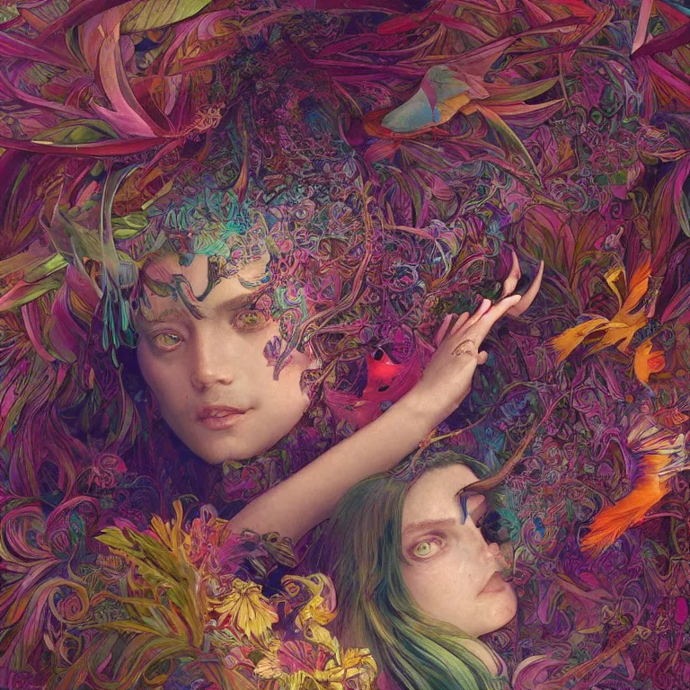 Image similar to A reality bending psychedelic ayahuasca experience, colorful, distorted, surreal, tropical bird feathers, dramatic lighting on the face, intricate, elegant, highly detailed, digital painting, concept art, smooth, sharp focus, illustration, art by Krenz Cushart and Wayne Barlowe and alphonse mucha