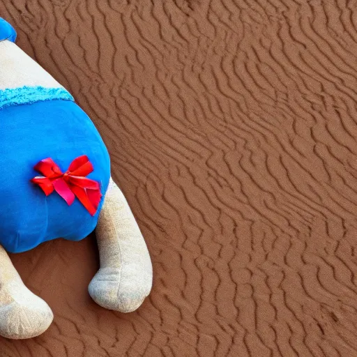 Image similar to blue'snappy gifts'human - sized plush doll, in the desert, holding gift, happy atmosphere, high detail, 8 k