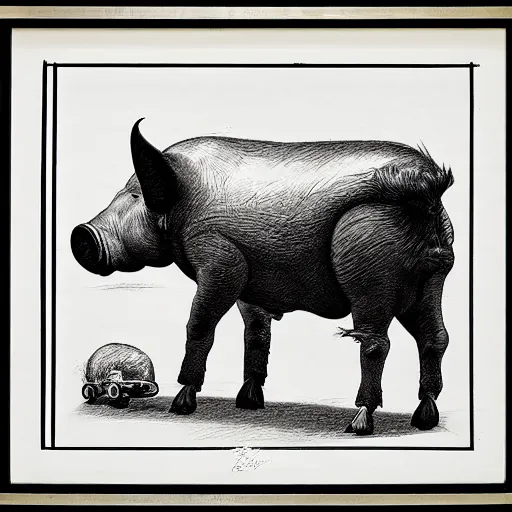 Image similar to landscape black and white drawing retro futuristic boy wearing crown riding on the back of a large pig by syd mead, crosshatch and stippling