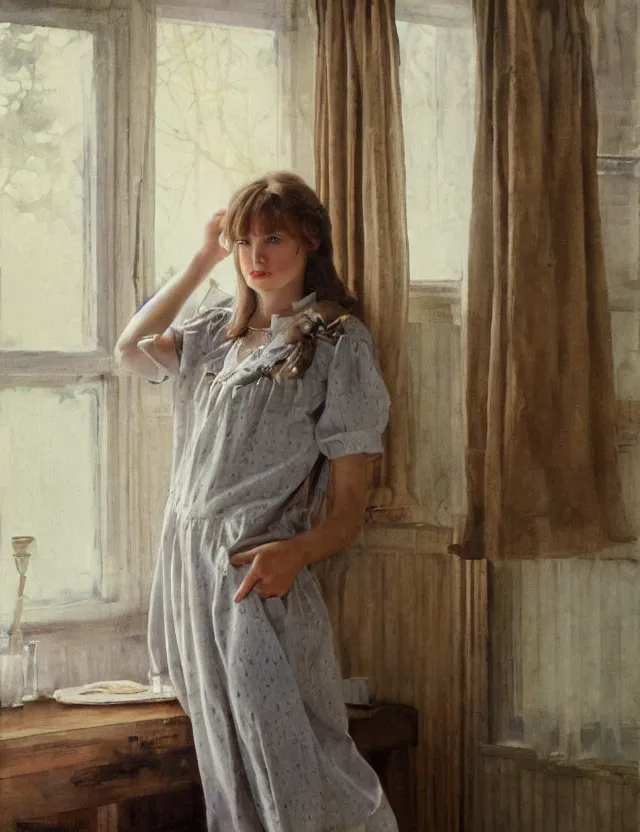 Image similar to Aristocrat girl in the cottage in the morning in a Pajama, country style, portrait, Cinematic focus, Polaroid photo, vintage, neutral colors, soft lights, foggy, by Steve Hanks, by Serov Valentin, by lisa yuskavage, by Andrei Tarkovsky 8k render, detailed, oil on canvas