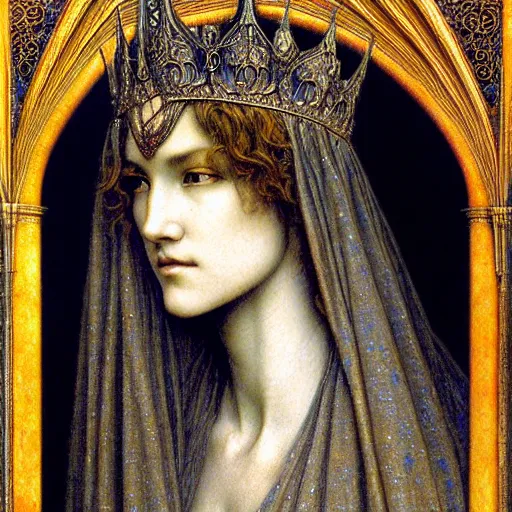 Image similar to detailed realistic beautiful young medieval queen face portrait by jean delville, gustave dore and marco mazzoni, art nouveau, symbolist, visionary, gothic, pre - raphaelite, art forms of nature by ernst haeckel