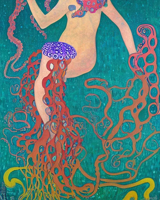 Image similar to a beautiful girl underwater wearing a colourful octopus as a dress and surrounded by colourful jellyfish, painted by gustave klimt, edgar maxence, edward hopper, wayne barlowe, james gilleard and james jean