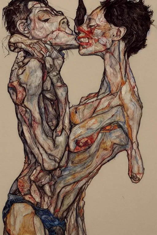 Image similar to two kissing characters in style of herakut and egon schiele, masterpiece, centered, hyperdetailed, complex, intricate, veiled, 4 k, trending on artstation,