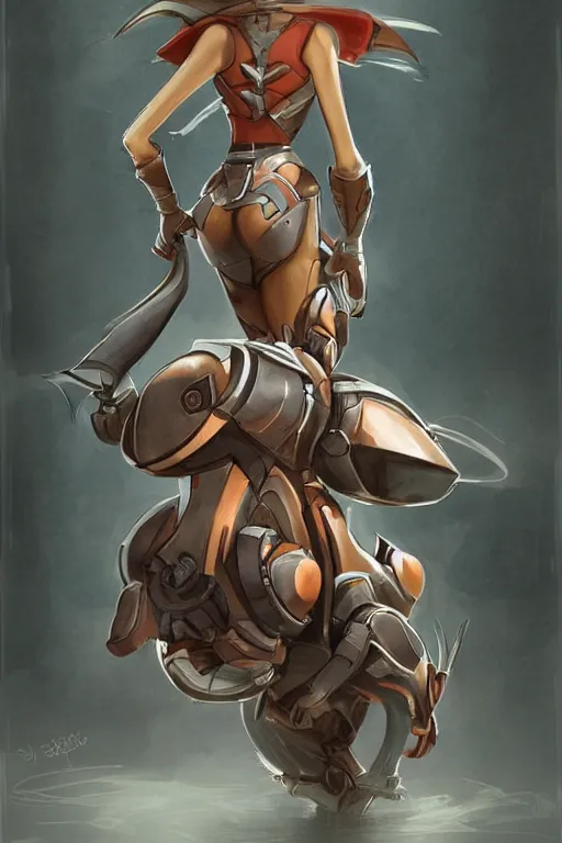 Prompt: Character concept art of a pretty girl riding on the back of a giant battlerobot