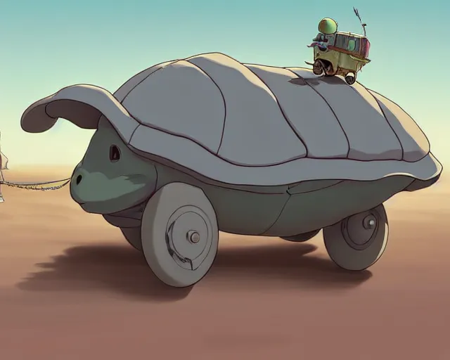 Image similar to a study of cell shaded cartoon of a grey mechanized turtle from howl's moving castle ( 2 0 0 4 ) on a desert road, full body, wide shot, muted colors, post grunge, studio ghibli, laurie greasley, highly detailed, deviantart, art by artgem