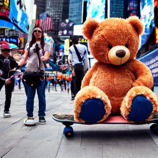 Image similar to a photo of a teddy bear on a skateboard in times square