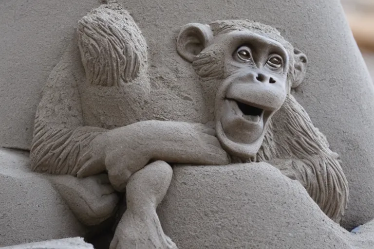 Image similar to a monkey touching a completed sand castle