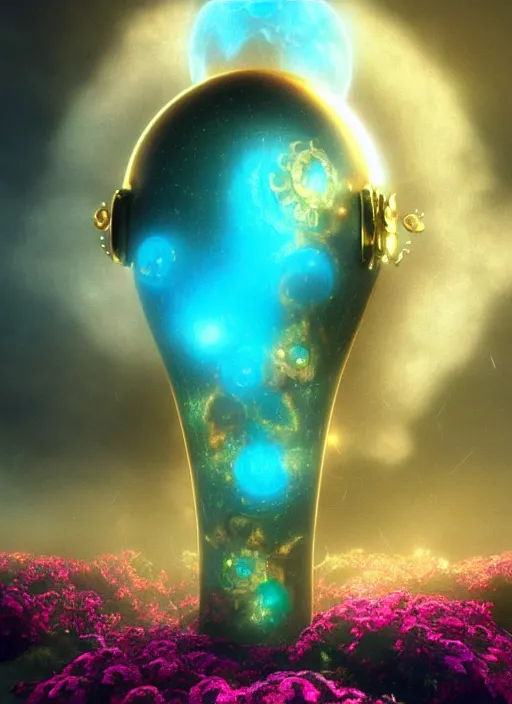 Image similar to flowers within the whole infinite capsule apparent with awe the apparition, an idea seep's into infinity highly detailed in volumetric latent space, golden turquoise steampunk, high contrast cinematic light, mystical shadows, sharp focus, divine realm of gods, octane render, artist by boris vallejo,