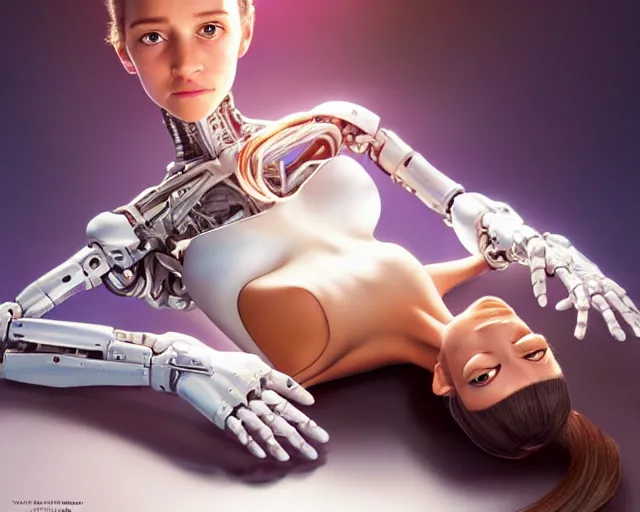 Image similar to weta disney pixar movie still head and torso portrait photo of young alicia vikander lying on her back on a mechanical table with a white ponytail as thoughtful intricate detailed mechanical plastic cyborg girl by pixar, by weta, wlop, ilya kuvshinov, rossdraws, artgerm, latex, iridescent, bright morning, anime, liosh, mucha