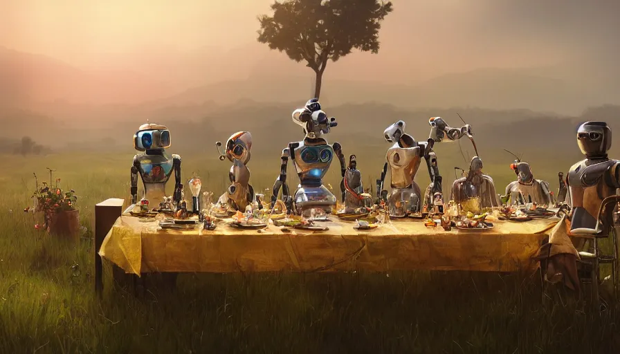 Image similar to a table dinner of robots where robots are dressed like the characters from the midsommar movie, realistic detailed digital art by maxwell boas jessica rossier christian dimitrov anton fadeev trending on artstation cgsociety rendered in unreal engine 4 k hq