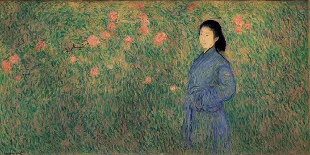 Image similar to A portrait of WANG2MU by Monet, in the Monet style.