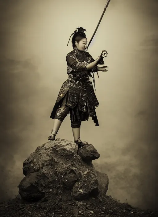 Prompt: old vintage photo of Chinese ancient warrior female on the complex steam punk hooverboard, extreme sports photography , dynamic photography, high speed,dirt and grawel flying in the spot, lens flares, dust in the air, moody lighting, intricate, elegant, highly detailed, centered, smooth, sharp focus, sports photography, old photo, black and white, sepia, cinematic lighting, cinematic angle, national geographic