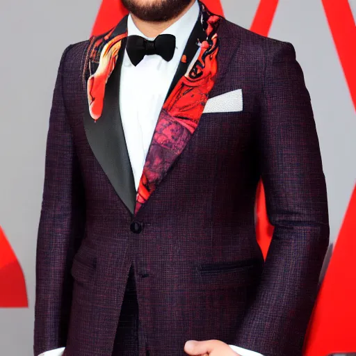 Prompt: gq red carpet photo, a giant huge muscular four armed cyclops wearing a colorful armani suit with contrasting patterned pocket square and brilliant stylish tie and high end fashionable glasses