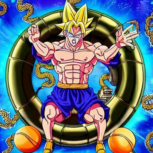 Image similar to drip trap goku summoning shenron but the dragon balls are basketballs