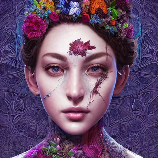 Image similar to the face of an absurdly beautiful, graceful, elegant, sophisticated woman made of blueberries and blackberries, an ultrafine hyperdetailed illustration by kim jung gi, irakli nadar, intricate linework, bright colors, octopath traveler, final fantasy, unreal engine 5 highly rendered, global illumination, radiant light, detailed and intricate environment