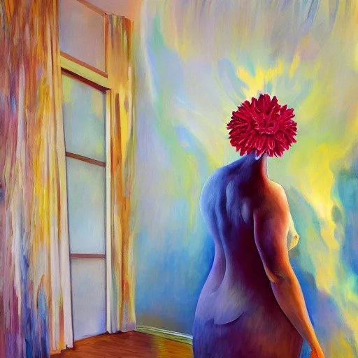 Prompt: giant flower head, woman standing in a luxury apartment, surreal, dramatic light, impressionist painting, digital painting, artstation, georgia o'keeffe