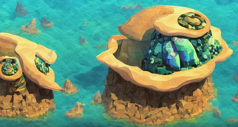 Image similar to giant abalone - shaped seashell house in the ocean by roger deakins, bill sienckiwicz, in the style of zelda windwaker, triadic color scheme, cell shading, 3 d