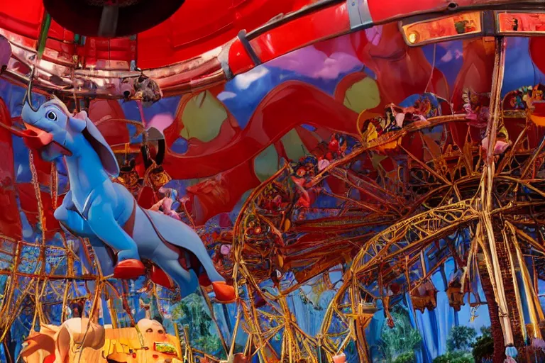 Image similar to alex jones riding the dumbo ride at disney world, movie still, 8 k, portrait