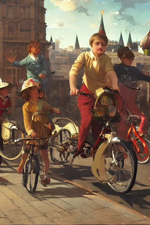 Image similar to schoolchildren go for distillation on flying bicycles, driving at the red light of the traffic light, through the streets of moscow of the future, highly detailed, artstation, illustration, jurgens, rutkowski, bouguereau, canon eos r 3