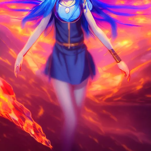 Prompt: rimuru tempest from tensura holding purple fire in her palm, with amber eyes of golden colored eyes, straight hair, sky blue hair, long bangs, concept art, award winning photography, digital painting, cinematic, wlop, 8 k, by ross tran, andy warhol, makoto shinkai