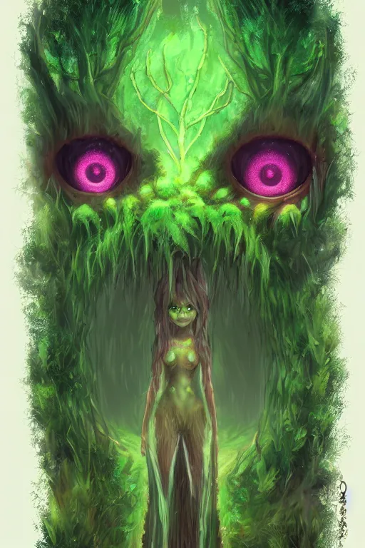 Image similar to a glowing humanoid figure plant monster with large eyes, highly detailed, digital art, sharp focus, trending on art station, moss, anime art style