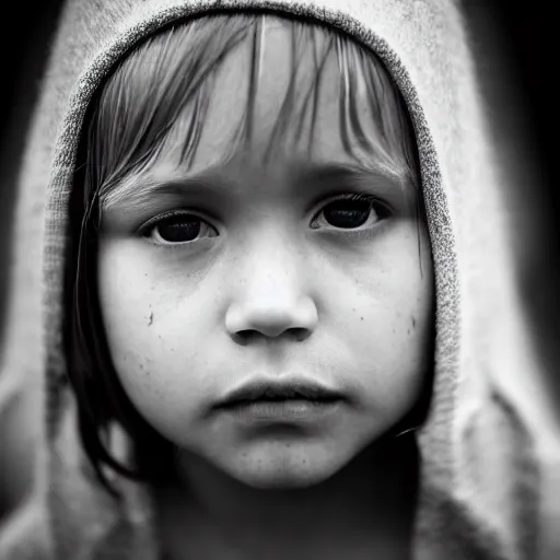 Image similar to stunning portrait photography of A sad child, near forest, outdoors, dark from national geographic award winning, large format dramatic lighting, taken with canon 5d mk4, sigma art lens, monochrome