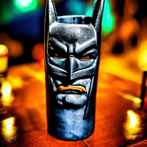 Prompt: a closeup photorealistic photograph of a batman style tiki mug sitting at a trader vic's beach bar featuring batman's face. tiki theme. tiki party. bright scene. fine detail. this 4 k hd image is trending on artstation, featured on behance, well - rendered, extra crisp, features intricate detail, epic composition and the style of unreal engine.