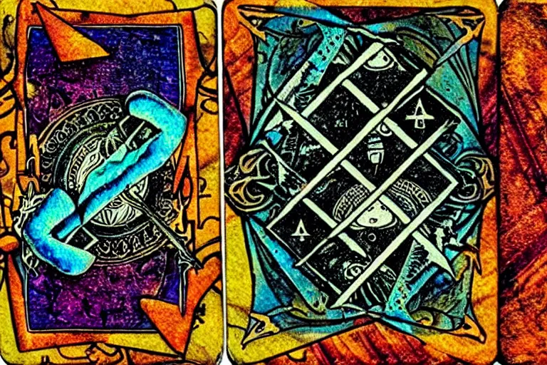 Image similar to a tatterd and torn tarot card that reads lsd is good, psychedelic, old, paper texture, da vinci code, geometry, mushrooms