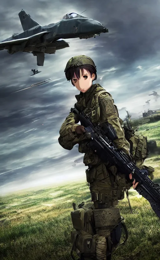 Prompt: girl, trading card front, future soldier clothing, future combat gear, realistic anatomy, war photo, professional, by ufotable anime studio, green screen, volumetric lights, stunning, military camp in the background, metal hard surfaces, generate realistic face, strafing attack plane, pretty eyes