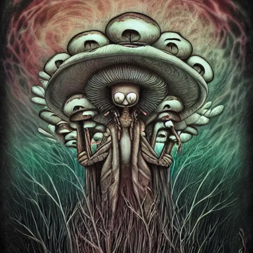 Image similar to the dark and ominous mushroom spirit tribe that wants you to bite off your own tongue so they can keep it for themselves, in a psychedelic darkfantasy style by amanda sage and anton semenov