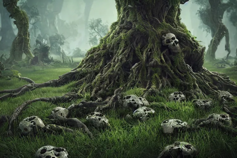 Prompt: skulls sprouting from the ground like a ( ( tree ) ), octane render, digital painting, trending on artstation, highly detailed, epic composition, 8 k uhd