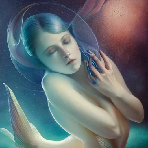 Image similar to By Olga Nikitina and Tom Bagshaw, ultra realist soft painting of an underwater fish universe by night, beautiful mermaid in curvy bodysuit, symmetry accurate features, very intricate details, deep underwater environment, rainbow lighting, volumetric light water