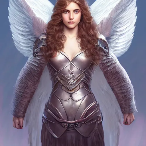 Prompt: portrait of young aasimar angel girl maiden wearing comfy leather armor with beautiful feathered angel wings, Alison Williams, innocent, intricate, elegant, highly detailed, digital painting, artstation, concept art, smooth, sharp focus, illustration, art by artgerm and greg rutkowski and alphonse mucha
