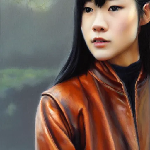 Image similar to perfect, realistic oil painting of close-up japanese young woman wearing leather jacket, in LOTR