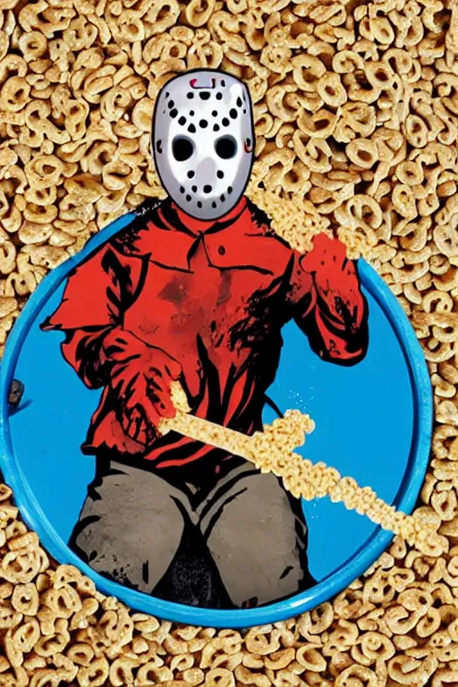 Image similar to jason voorhees swimming in a pool of cereal, realistic, moody grindhouse, dark