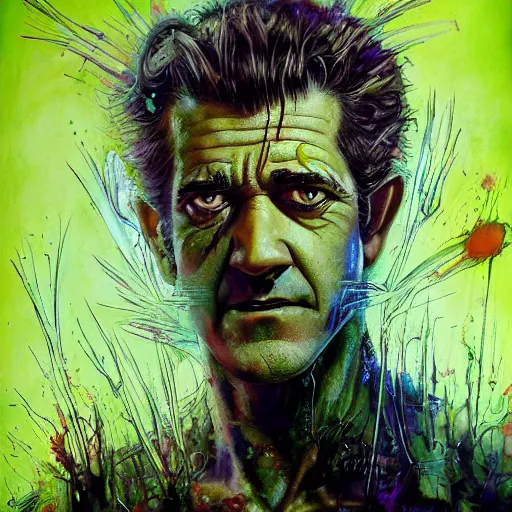 Image similar to a Demon Slayer portrait of Mel Gibson, tall, pale-skinned, slender with lime green eyes and long eyelashes by Stanley Artgerm, Tom Bagshaw, Arthur Adams, Carne Griffiths, trending on Deviant Art, street art, face enhance, chillwave, maximalist, full of color, glittering