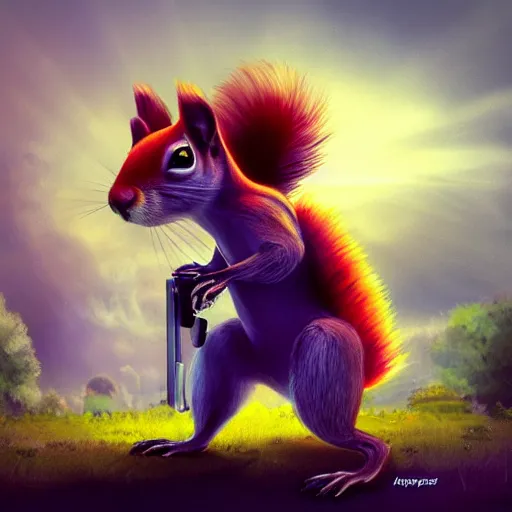 Prompt: genetically mutated squirrel, cute, evil, matte painting, artstation