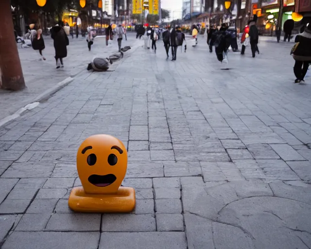 Prompt: poop emoji in the streets of beijing at twilight dslr photo