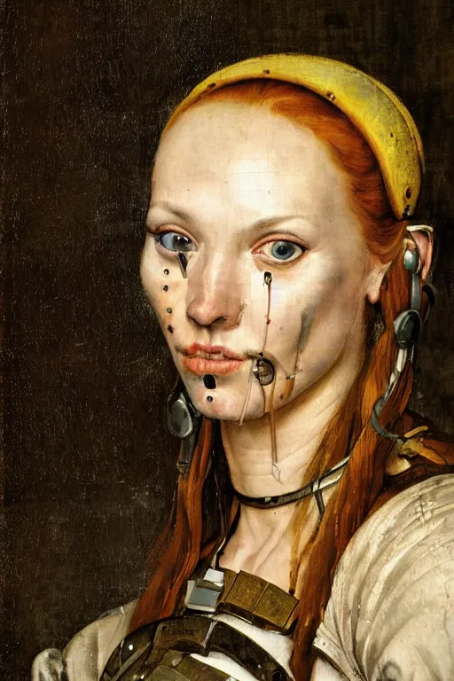 Image similar to a close - up portrait of a cyberpunk cyborg girl, by jan steen, rule of thirds