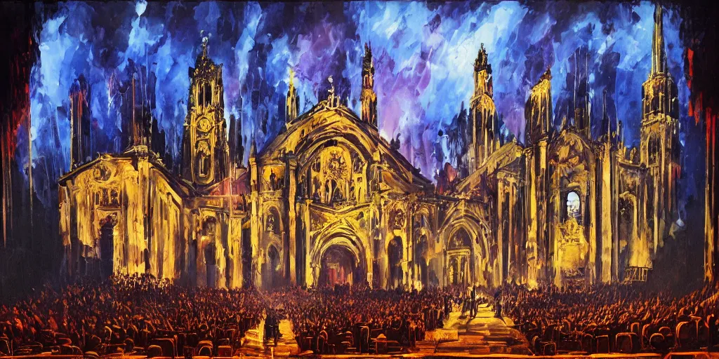 Image similar to Rammstein performing live on stage, 19th century cathedral style with lights and large sound speakers, by Megan Duncanson and Raphael Lacoste, detailed 3d gothic oil painting