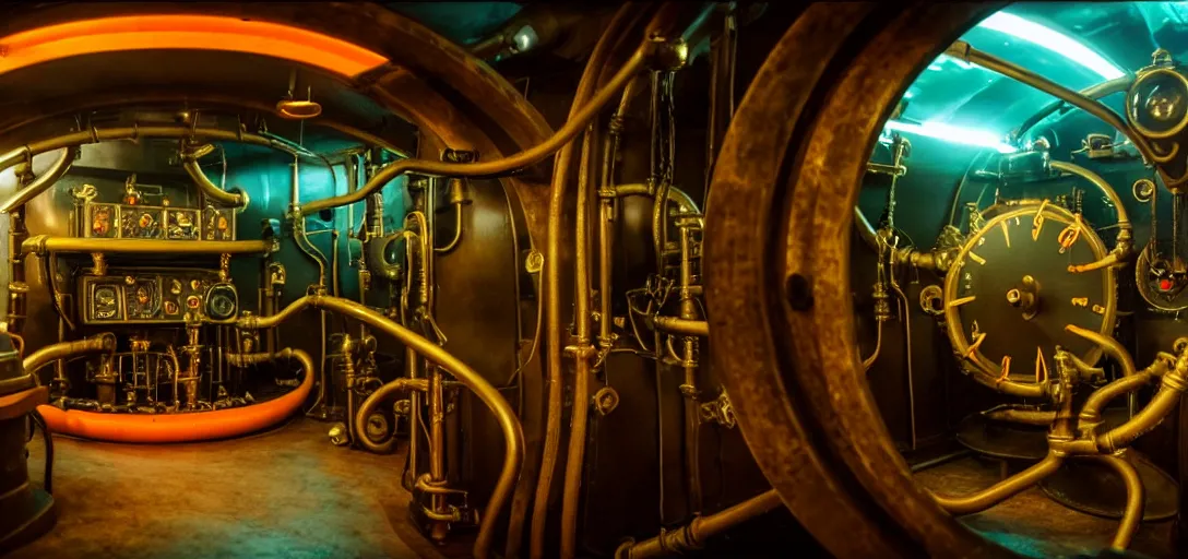 Prompt: photograph of a dieselpunk submarine interior set design, pre - ww 1 submarine, brass wheels, pipes, tubes and gauges, simona sbaffi is the captain, orange and teal, cinematic, arri alexa, anamorphic bokeh, 4 k, graded with davinci resolve