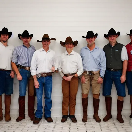 Image similar to many cowboys wearing shorts standing in a room with white tile walls