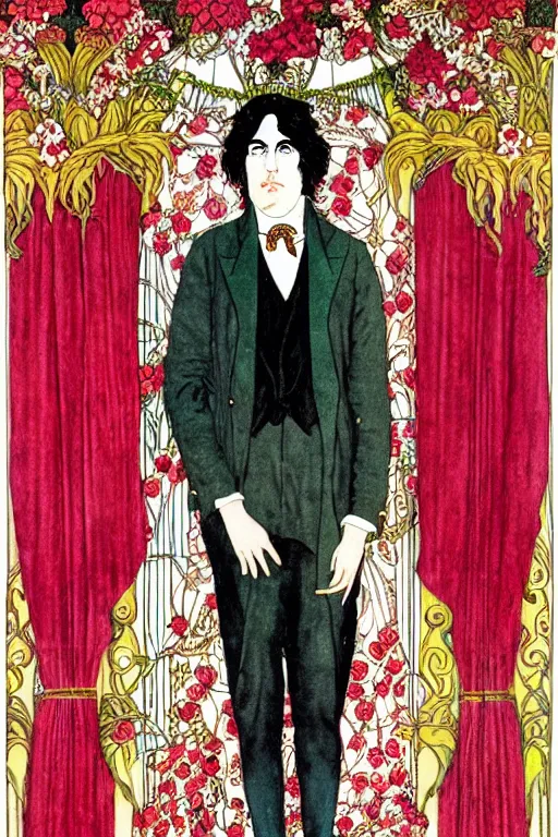 Image similar to realistic portrait of oscar wilde in the center of an ornate red velvet curtain frame with flowers growing, detailed art by kay nielsen and walter crane, illustration style, watercolor
