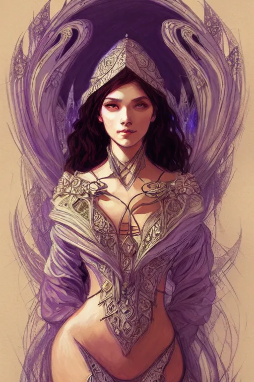 Prompt: beautiful mage, D&D, fantasy, medieval, life drawing, intricate, elegant, highly detailed, digital painting, artstation, concept art, smooth, sharp focus, master illustration, art monet and mucha