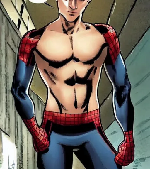 Image similar to very handsome peter parker with his spider suit removed to his waist, looking seductive