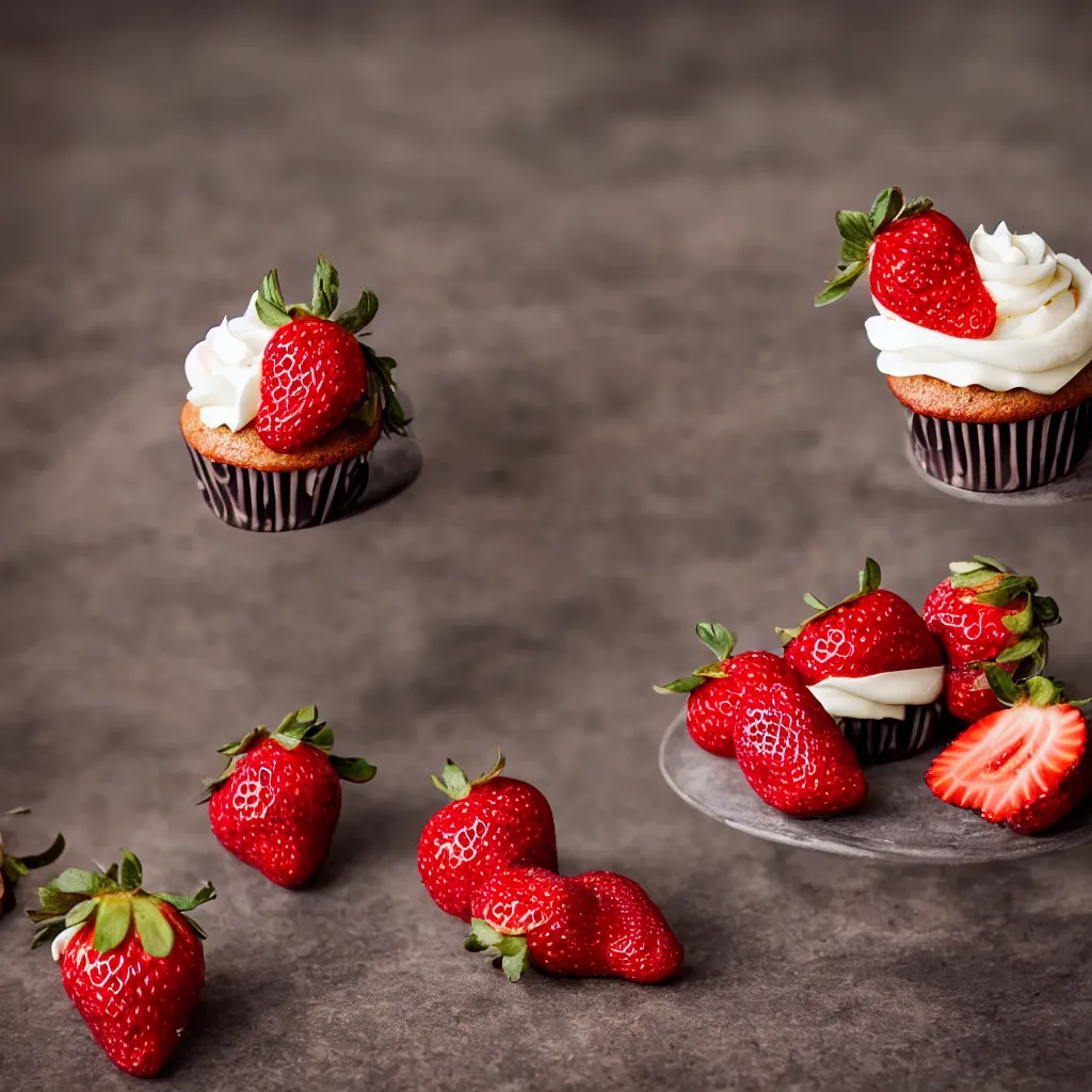 Prompt: strawberry cupcake, dynamic lighting, bokeh, carl zeiss 8 5 mm vintage lens, hyper realistic, award winning food photography