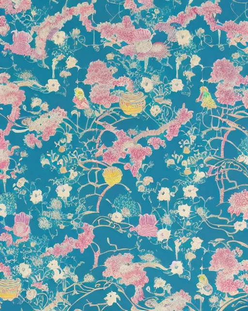 Image similar to astral flowers, chinoiserie wallpaper by leiji matsumoto and james jean